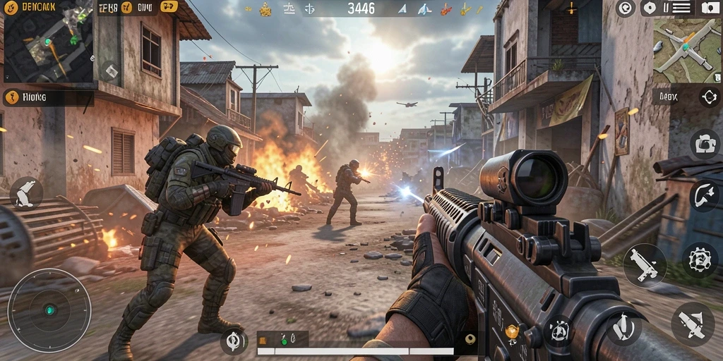 Screenshot gameplay 3446 yang menunjukkan aksi tembak-menembak yang intens.