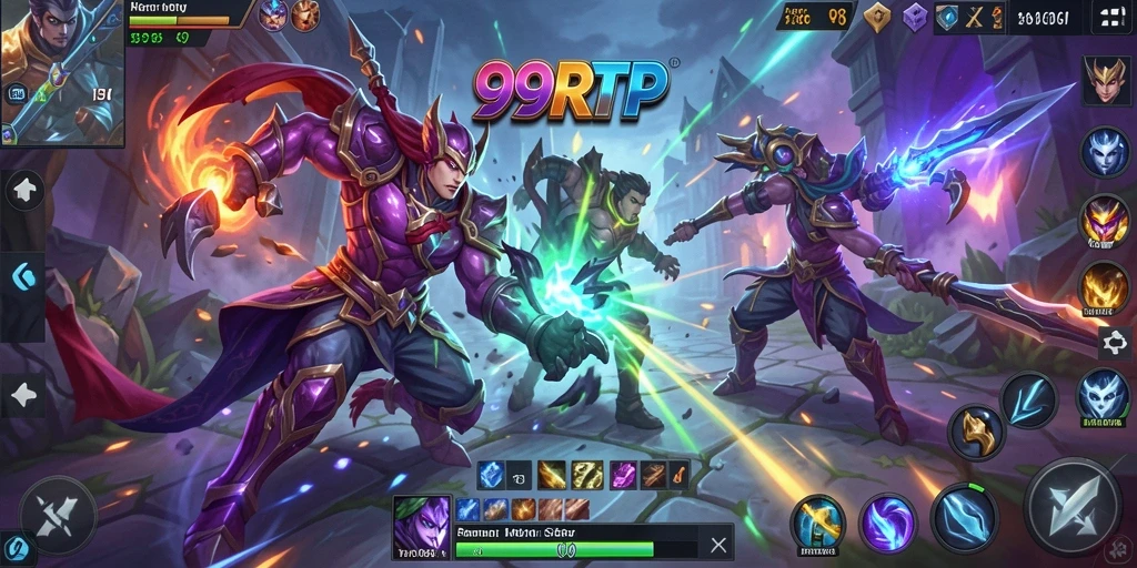 Screenshot gameplay 99RTP yang menegangkan di arena MOBA.