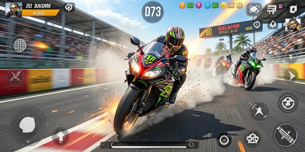 Screenshot gameplay D73 menampilkan balapan motor yang menegangkan.