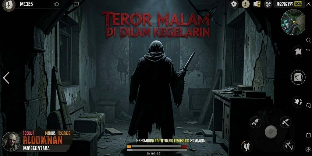 Tangkapan layar gameplay ME355 dengan suasana mencekam dan hantu yang menakutkan.