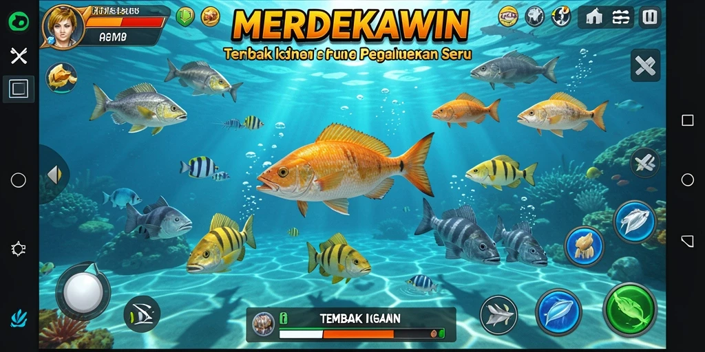 Tampilan gameplay <strong>MERDEKAWIN</strong> yang seru dan interaktif saat menembak ikan.