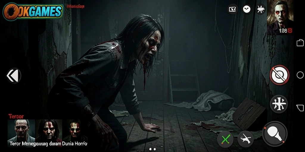 Screenshot gameplay OKGAMES menampilkan momen menengangkan di kegelapan.